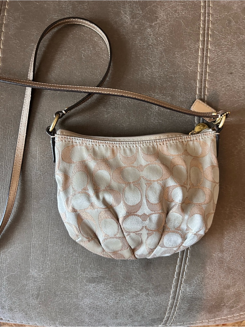 Coach Beige and Gold Signature Canvas Crossbody Bag